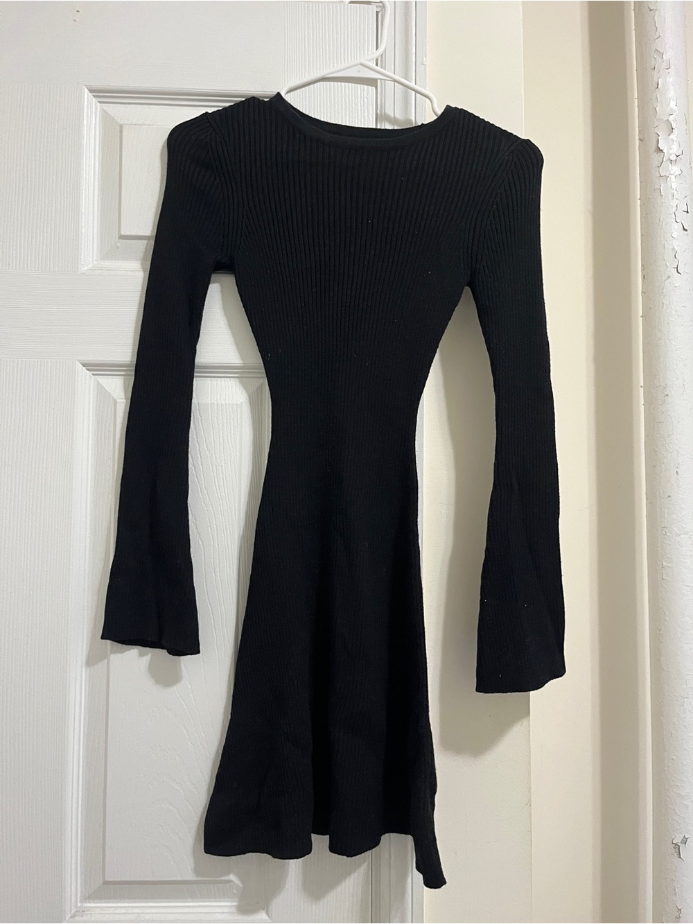 ASOS Petite Black Ribbed Long-Sleeve Fit & Flare Dress